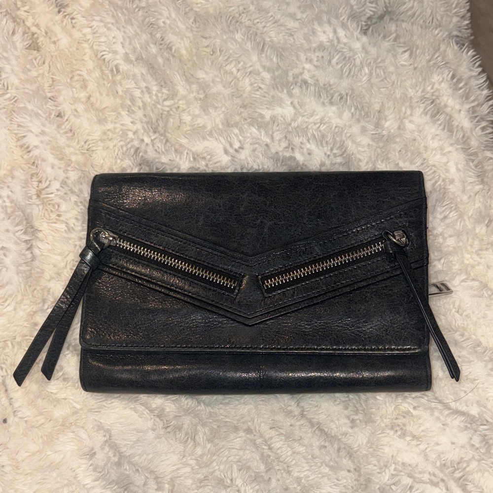 Botkier Black Leather Wristlet with Dual Zipper Accents